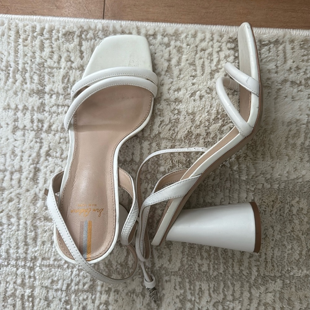 Sam Edelman Kia White Leather Round Block Heel Square Open Toe Sandals 9.5M